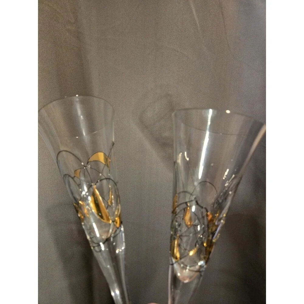 2 Romania Milano Crystal Gold & Black Champagne Flutes Wine Glasses, 11